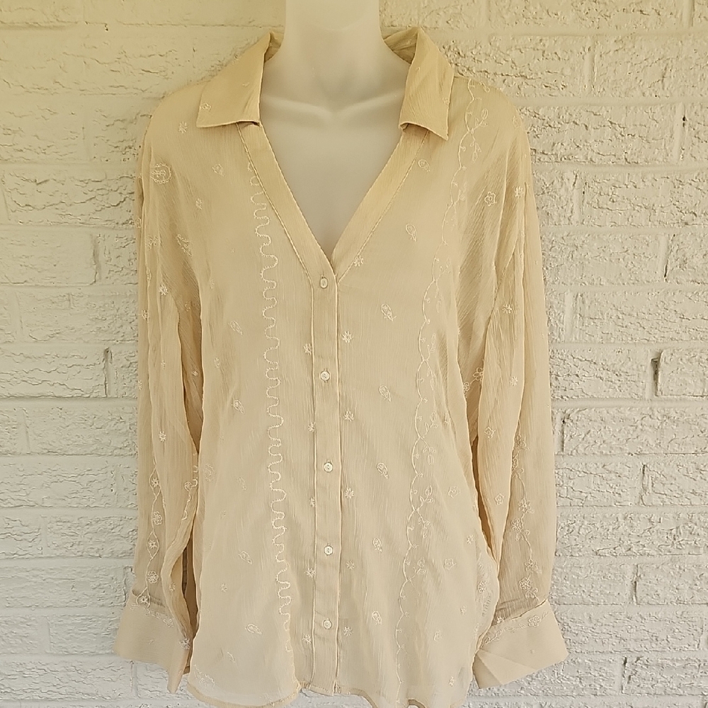 Zara Tan Long Sleeve Notched Collar Blouse